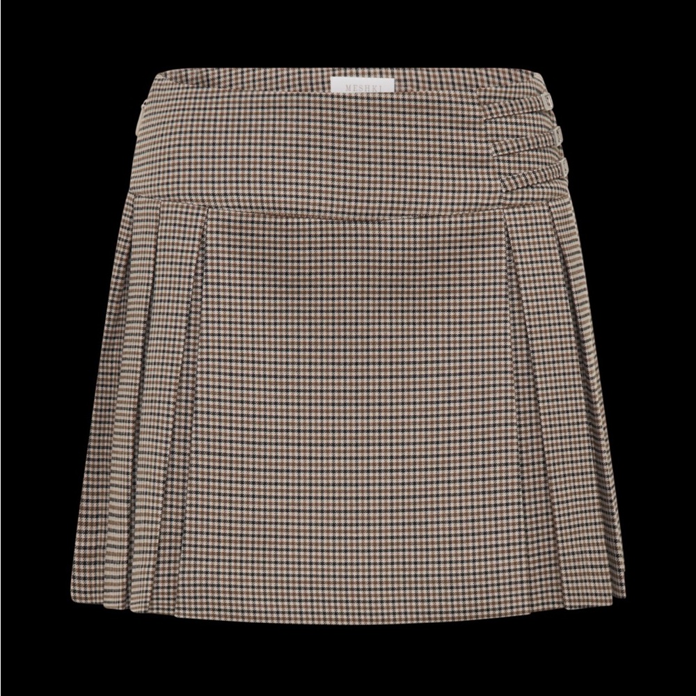 Meshki Tan Check Angie Pleated Buckle Mini Suiting Skirt - Spring Suiting NWOT - Picture 11 of 12